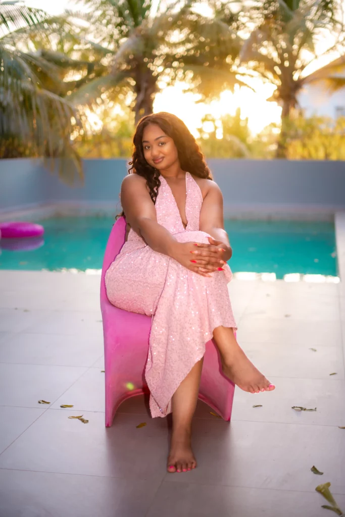portfolio pink dress woman tropical location photoshoot